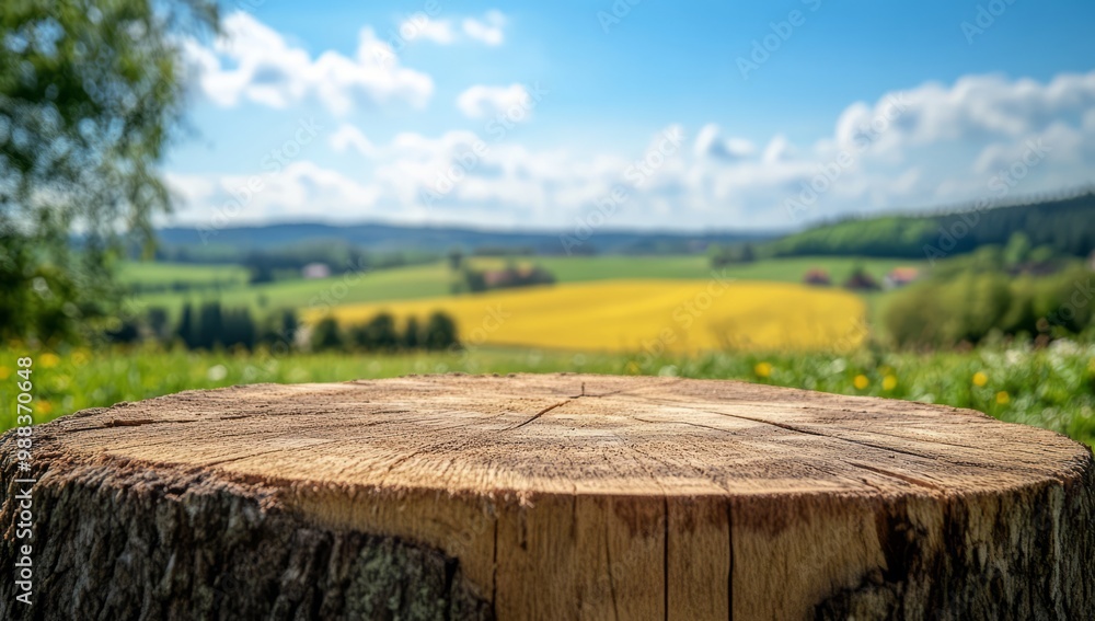 Empty podium against a green farm background for product presentation. Empty podium against a green farm background for product presentation.