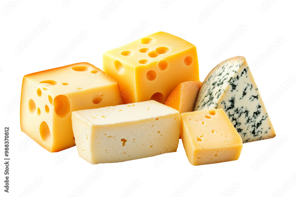 Assorted cheese blocks including blue, gouda, and cheddar isolated on white background. Concept of dairy products Assorted cheese blocks including blue, gouda, and cheddar isolated on white background. Concept of dairy products