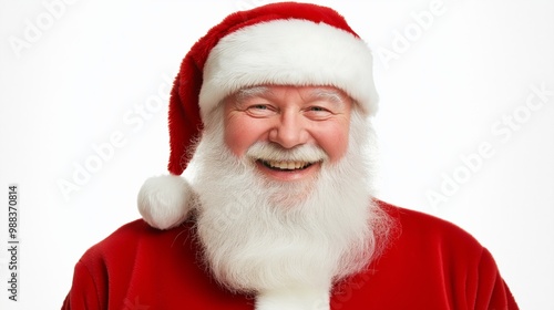 Man wearing a red Santa hat and a red robe. He is smiling and has a beard. Santa, wide white background Placed on the right side of the picture