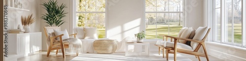 Airy living room featuring a white empty wall, cozy seating, and plenty of daylight. Banner.