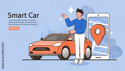 Online ordering taxi car, rent and sharing using service mobile application. location on a city map on the car and urban landscape background.