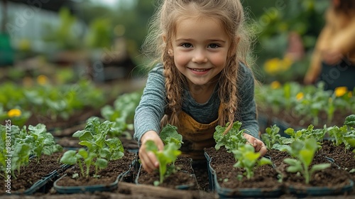 girl taking care of small vegetable plants in raised bed holding small shovel childhood outdoors in garden