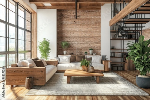 Modern loft living room with wooden furniture, brick wall, and a bright, airy feel.