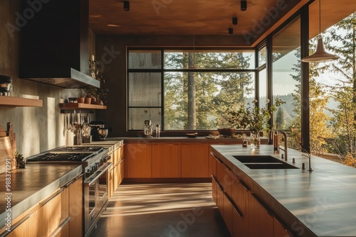 Sleek kitchen interior with concrete countertops, wooden cabinets, and daylight streaming in from a large window.