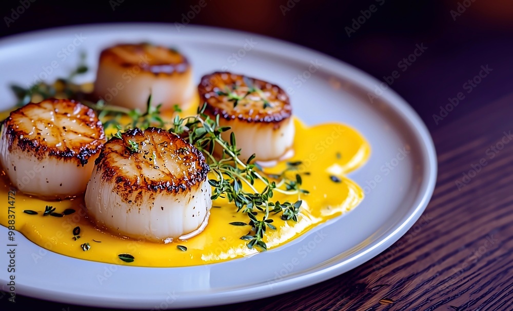 caramelized, fried scallop in oil, with yellow sauce, on a plate, with micro-greenery on top, no people, caramelized, fried scallop in oil, with yellow sauce, on a plate, with micro-greenery on top, no people,