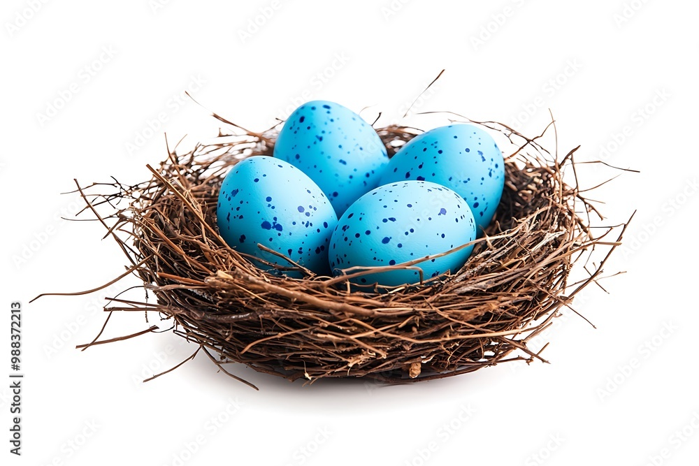 Obraz premium Easter blue eggs in a nest, isolated design element.