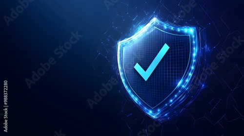 
Protection. Healthcare. Insurance. Cyber security. Network safety. Protection shield with Check mark icon inside transparent sphere shield with hexagon pattern on blue background. Vector illustration