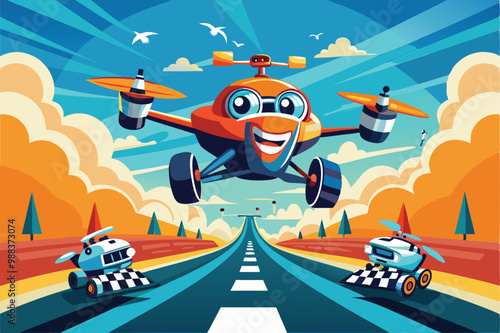 Two vibrant drones compete in an exhilarating race on a colorful track under a bright blue sky filled with clouds.