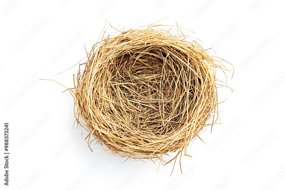 A bird's nest made of branches and blades of grass is placed on a white background. A bird's nest made of branches and blades of grass is placed on a white background.