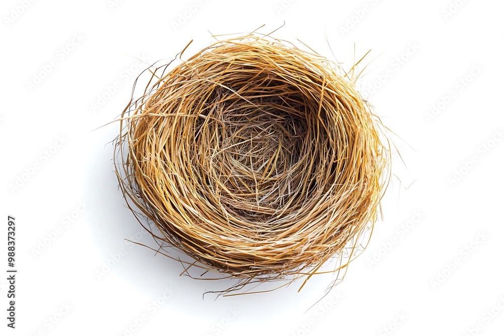 Obraz premium A bird's nest made of branches and blades of grass is placed on a white background.