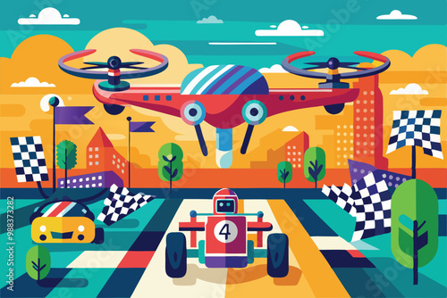 Competitors race customizable drones above the track while colorful cars await their turn in a lively urban environment with checkered flags.