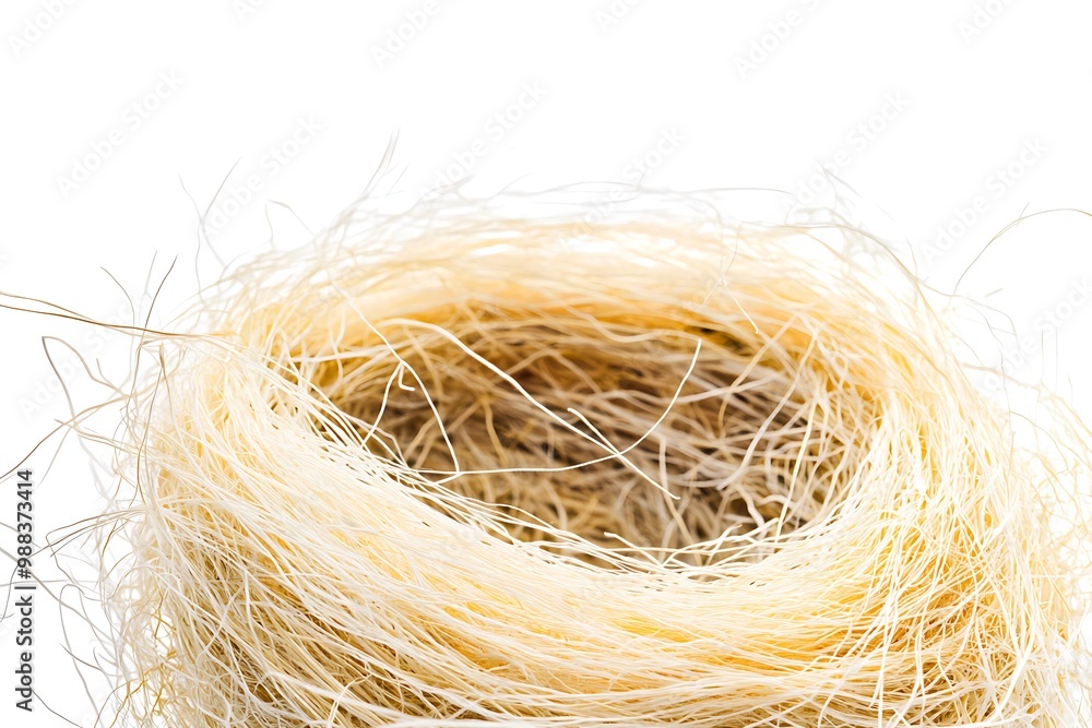A bird's nest made of branches and blades of grass is placed on a white background. A bird's nest made of branches and blades of grass is placed on a white background.