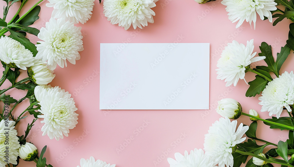 Chrysanthemums and blank paper card mockup Chrysanthemums and blank paper card mockup