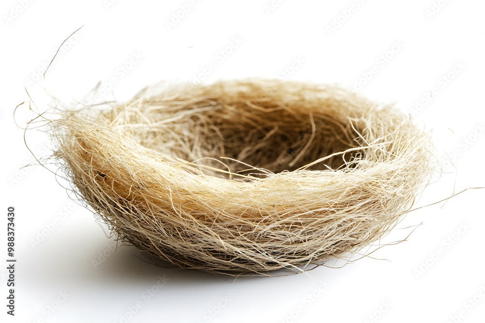 A bird's nest made of branches and blades of grass is placed on a white background. A bird's nest made of branches and blades of grass is placed on a white background.