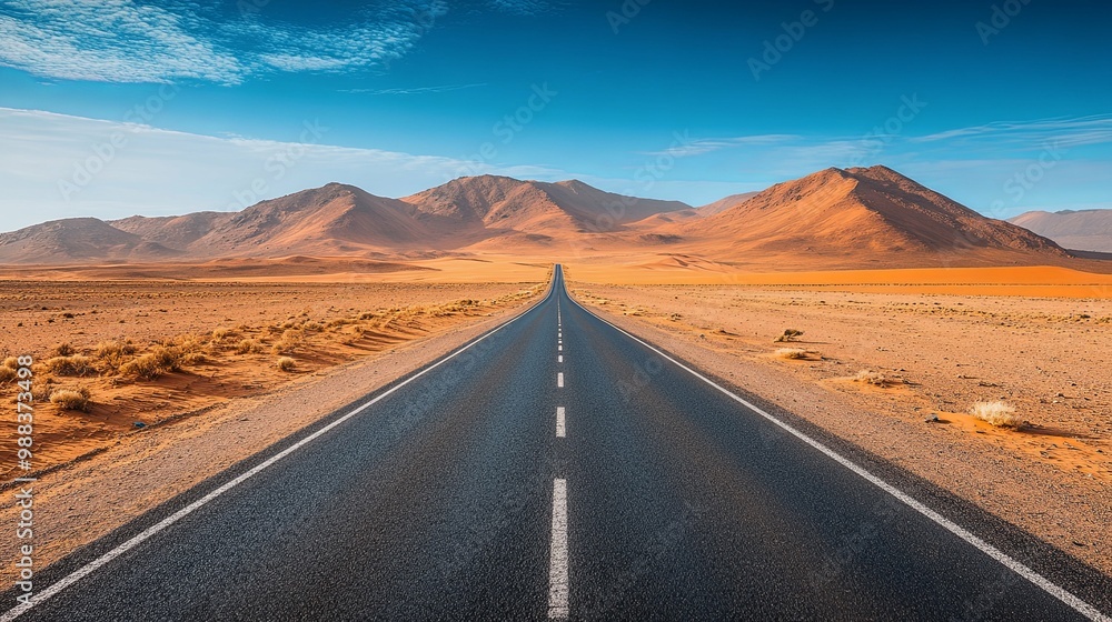 Fototapeta premium A Straight Asphalt Road Cutting Through a Vast Desert Landscape