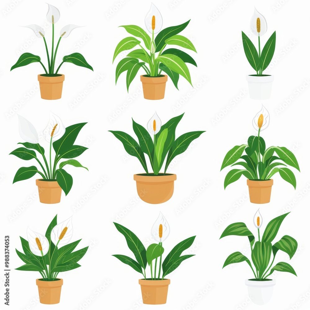 Peace Lily Pot Plant Icon Set, Spathiphyllum Plant Flat Design, Abstract Spathiphyllum Symbol Peace Lily Pot Plant Icon Set, Spathiphyllum Plant Flat Design, Abstract Spathiphyllum Symbol