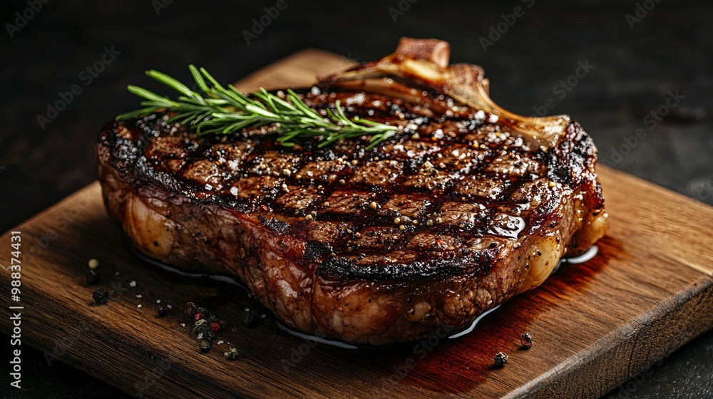 Grilled Ribeye Steak with Rosemary and Peppercorns on Wooden Cutting Board Grilled Ribeye Steak with Rosemary and Peppercorns on Wooden Cutting Board