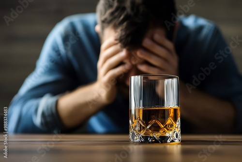 A man with his head in his hands sits at a table with a glass of liquor in front of him.