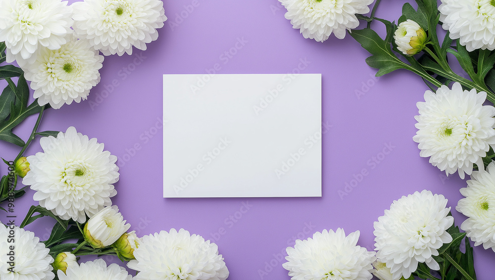 Fototapeta premium Chrysanthemums and blank paper card mockup