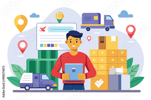 A young man manages a dropshipping business, overseeing packages, delivery trucks, and logistics elements in a vibrant, engaging environment.