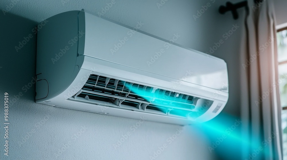 A modern air conditioner unit mounted on a wall, blowing cool air into a room. The unit is white and has a sleek design. A modern air conditioner unit mounted on a wall, blowing cool air into a room. The unit is white and has a sleek design.