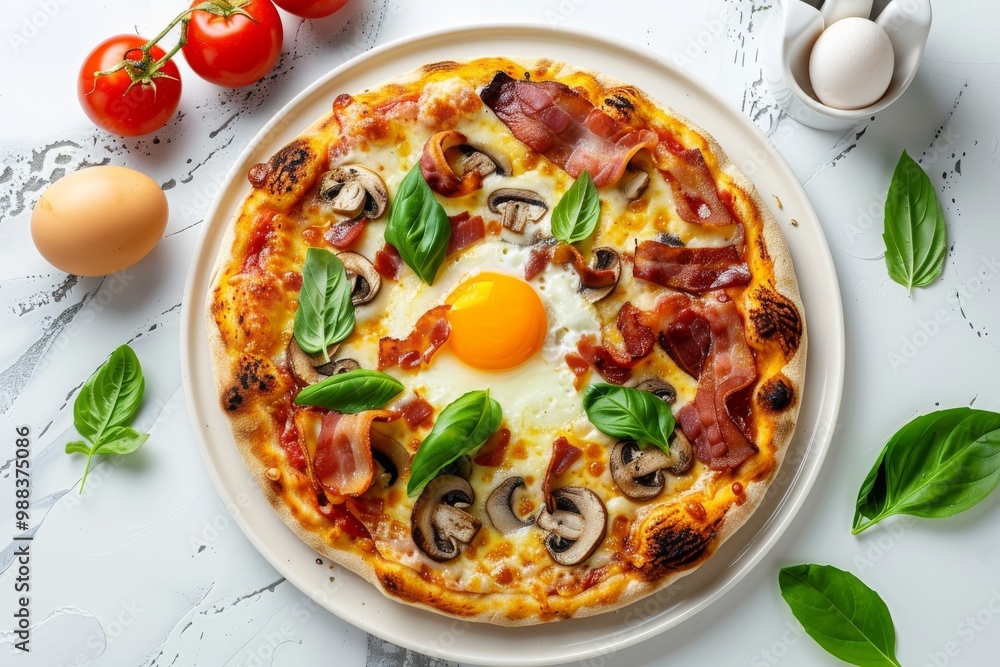 Pizza with Mushrooms, Bacon and Egg on White Plate Isolated, Italian Carbonara Pizza Pizza with Mushrooms, Bacon and Egg on White Plate Isolated, Italian Carbonara Pizza