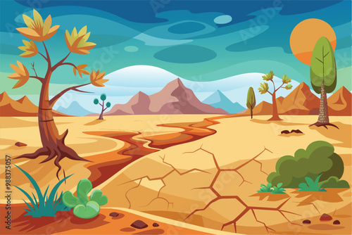 A vibrant cartoon representation of a dry landscape featuring cracked earth, sparse vegetation, mountains, and a bright sun emphasizing drought conditions.