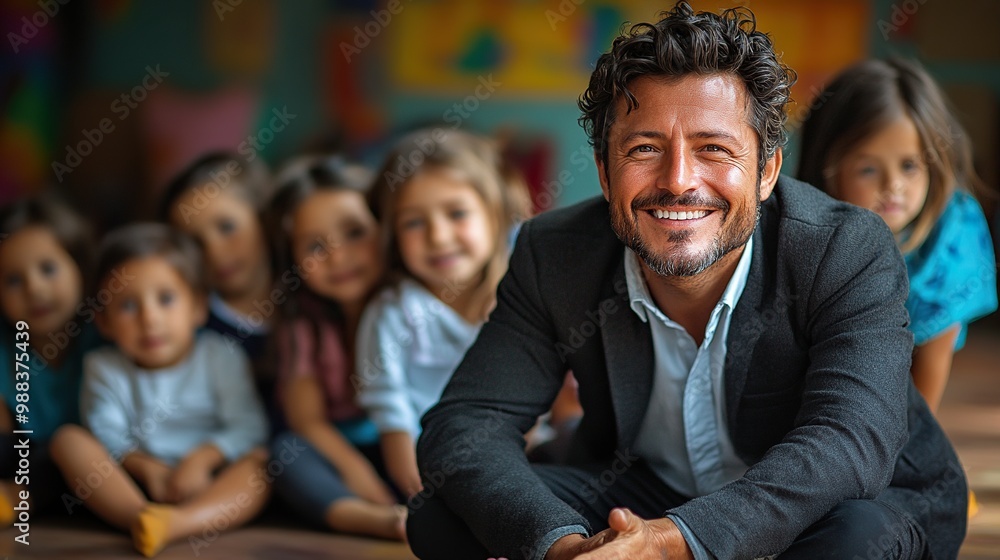group of small nursery school children with man teacher sitting on floor indoors in classroom having music lesson group of small nursery school children with man teacher sitting on floor indoors in classroom having music lesson