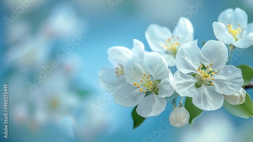 blooming apple tree adorned with white flowers against a clear blue background. Perfect for travel visuals, spring themes, and nature-inspired designs