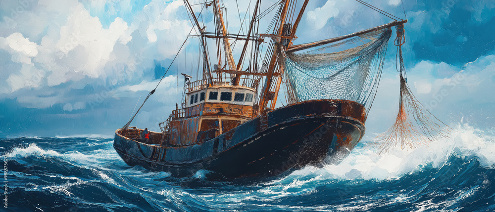 Obraz premium A fishing boat battles waves, showcasing resilience against the sea's dynamic forces under a dramatic sky.