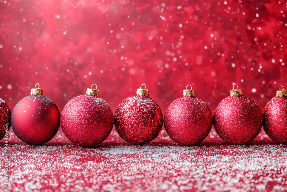 Red Christmas ornaments in a row dusted with snow, set against a festive red background, creating a cozy holiday atmosphere. Red Christmas ornaments in a row dusted with snow, set against a festive red background, creating a cozy holiday atmosphere.