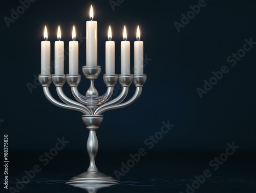 Silver menorah with burning candles against a dark blue background. photo