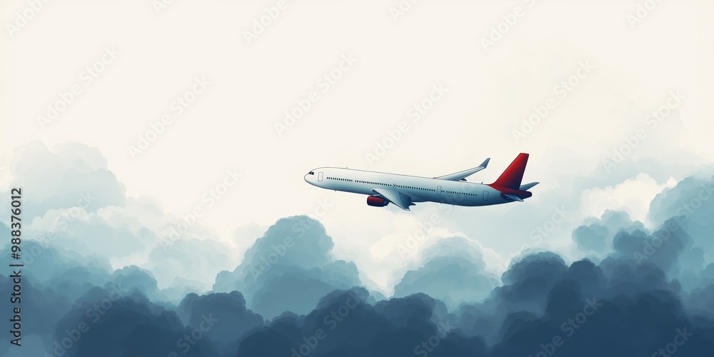 Obraz premium A white airplane is flying through a cloudy sky. The clouds are dark and the sky is blue