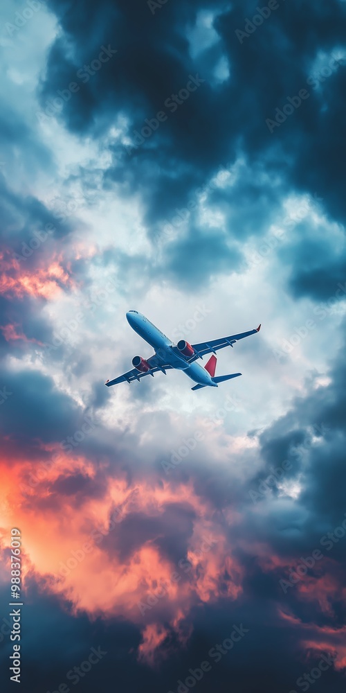 Naklejka premium A blue airplane is flying through a cloudy sky with a red and orange sunset in the background. Concept of freedom and adventure, as the airplane soars through the sky above the beautiful, colorful sky