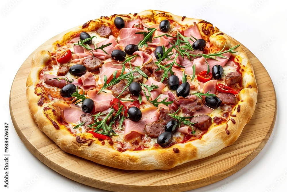 Meat Mix Pizza with Parma Ham, Sausages, Shish Kebab, Bacon, Olives, Tomato Sauce, Mozzarella Meat Mix Pizza with Parma Ham, Sausages, Shish Kebab, Bacon, Olives, Tomato Sauce, Mozzarella