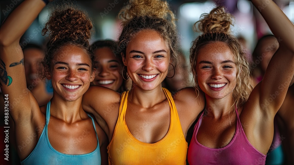 group of young, old women sports team players in gym celebrating victory group of young, old women sports team players in gym celebrating victory