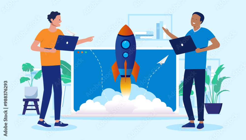 Business project launch - Two developers launching online digital project or product, smiling and cheering in office workspace. Flat design vector illustration Business project launch - Two developers launching online digital project or product, smiling and cheering in office workspace. Flat design vector illustration