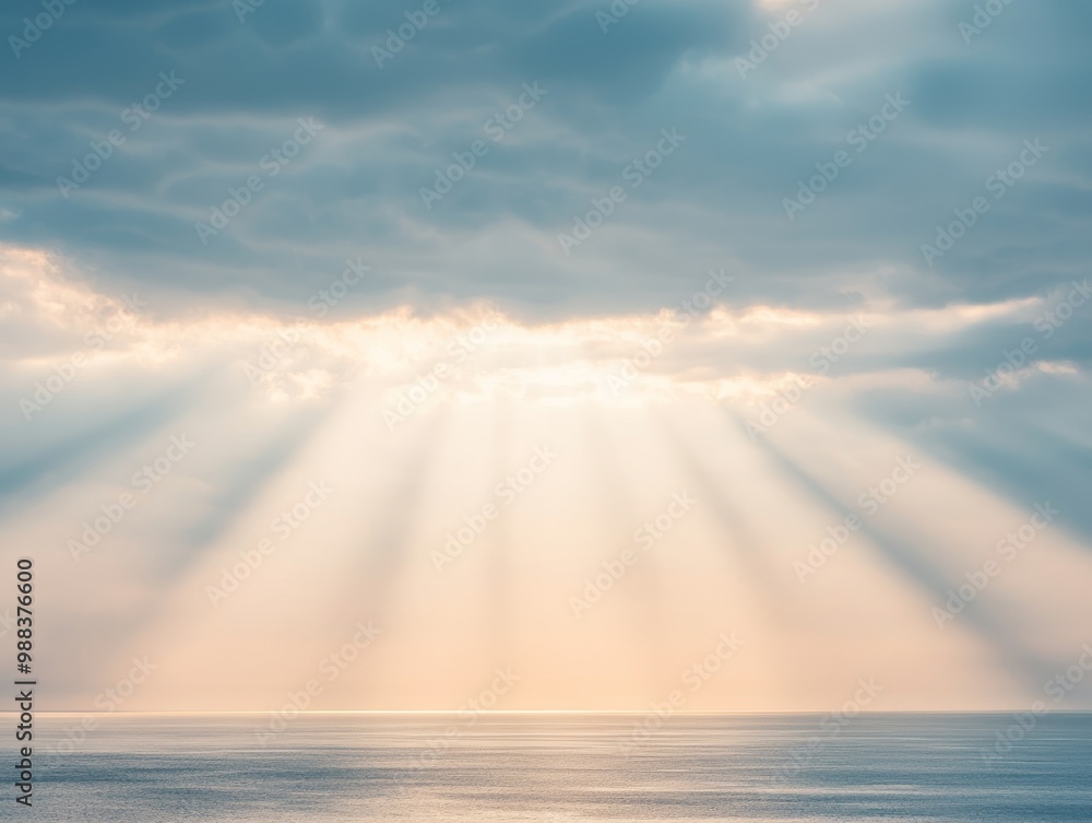 Sunbeams burst through clouds over a calm ocean. The sky is a gradient of blue and pink, with a soft glow. The water is smooth and serene. Sunbeams burst through clouds over a calm ocean. The sky is a gradient of blue and pink, with a soft glow. The water is smooth and serene.