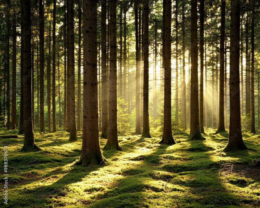 Obraz premium Sunlight streams through a dense forest, illuminating the mossy forest floor.