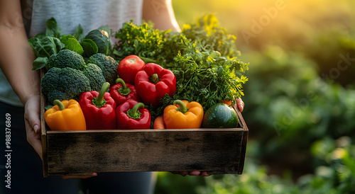 A Person Holding Fresh Vegetables in an Organic Wooden Basket, Showcasing Healthy Living, Sustainable Farming, and Fresh Produce in a Natural Outdoor Setting 