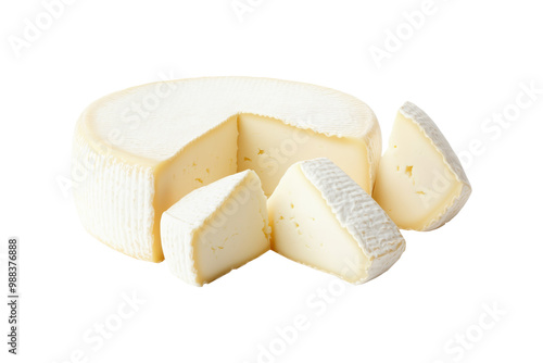 Goat cheese wheel isolated on a white transparent background. Concept of dairy products and cuisine