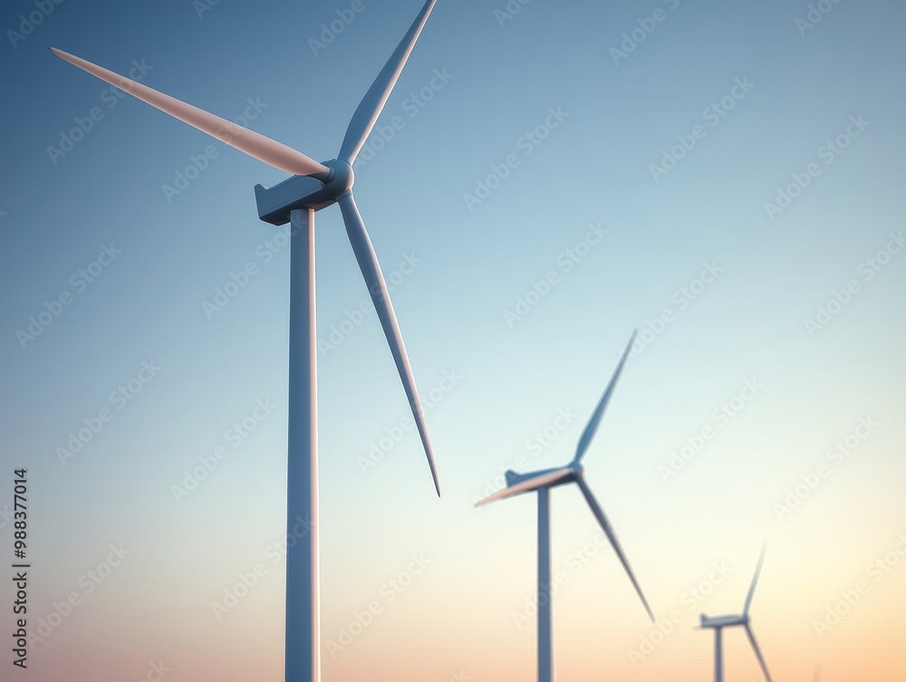 Three wind turbines stand tall against a clear sky at sunset, representing renewable energy and clean power. Three wind turbines stand tall against a clear sky at sunset, representing renewable energy and clean power.
