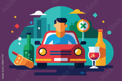 A driver sits in a red car surrounded by empty bottles and glasses, illustrating the dangers of driving under the influence in a city.