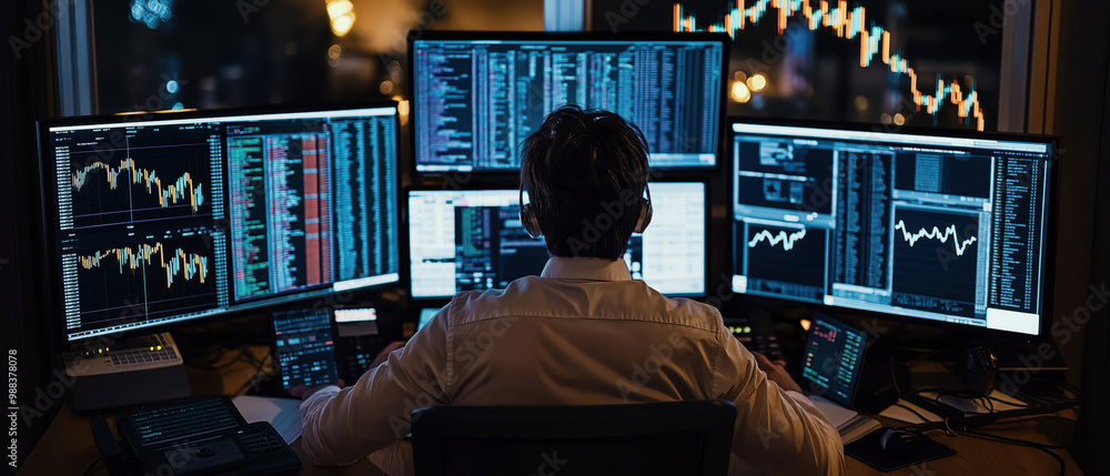 A focused trader analyzing market trends on multiple monitors in a modern office setting during night. A focused trader analyzing market trends on multiple monitors in a modern office setting during night.