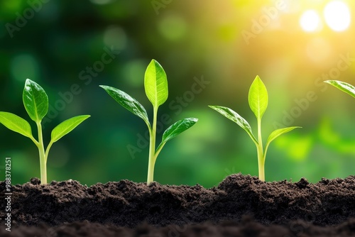 Young green seedlings emerge from rich soil, basking in warm sunlight. The vibrant leaves symbolize new growth and the beauty of nature in a serene setting.