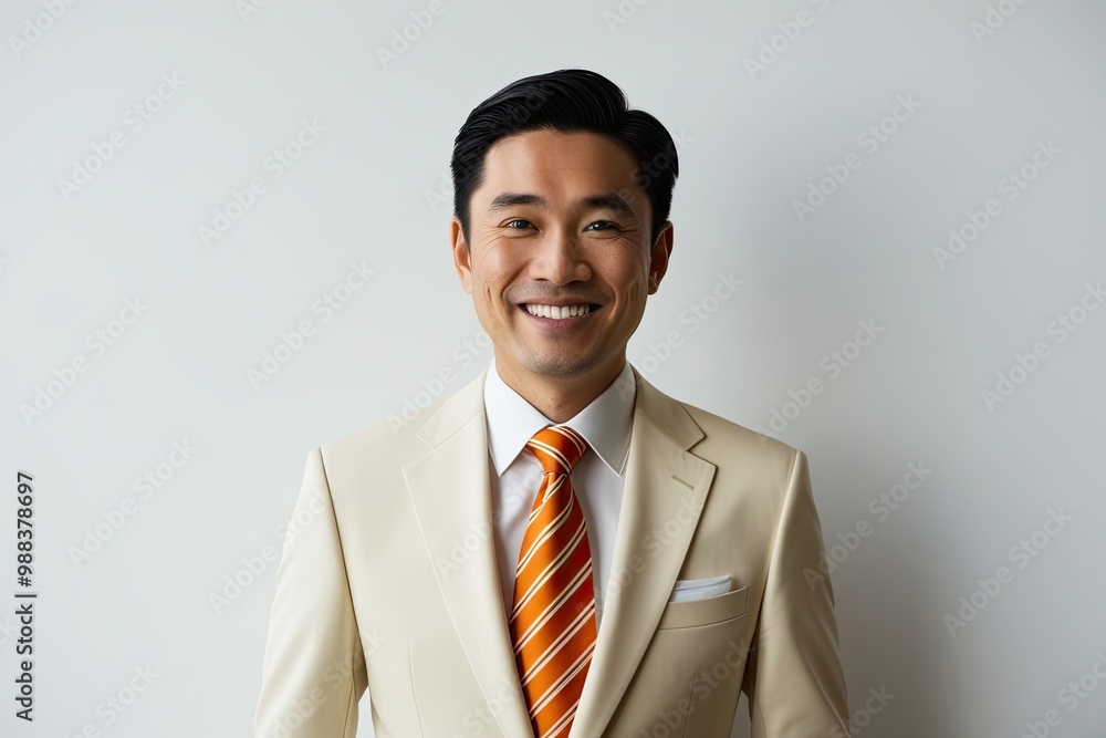 Stylish Asian Man in Cream Suit with Orange Striped Tie Smiling on White Background Stylish Asian Man in Cream Suit with Orange Striped Tie Smiling on White Background