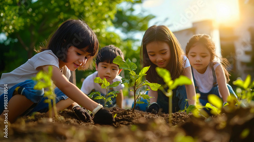 Small children planting trees as part of a save-the-planet educational initiative, promoting environmental awareness and sustainability in young generations.