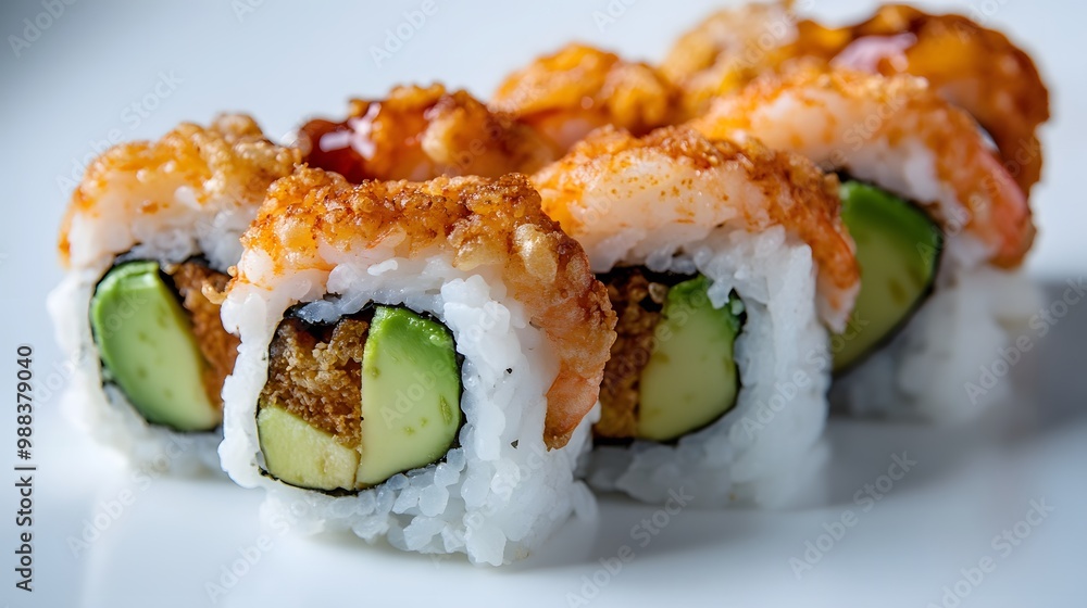 Sushi featuring shrimp tempura, avocado, and rice, showcased in sharp detail on a white background Sushi featuring shrimp tempura, avocado, and rice, showcased in sharp detail on a white background