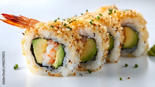 Sushi featuring shrimp tempura, avocado, and rice, showcased in sharp detail on a white background