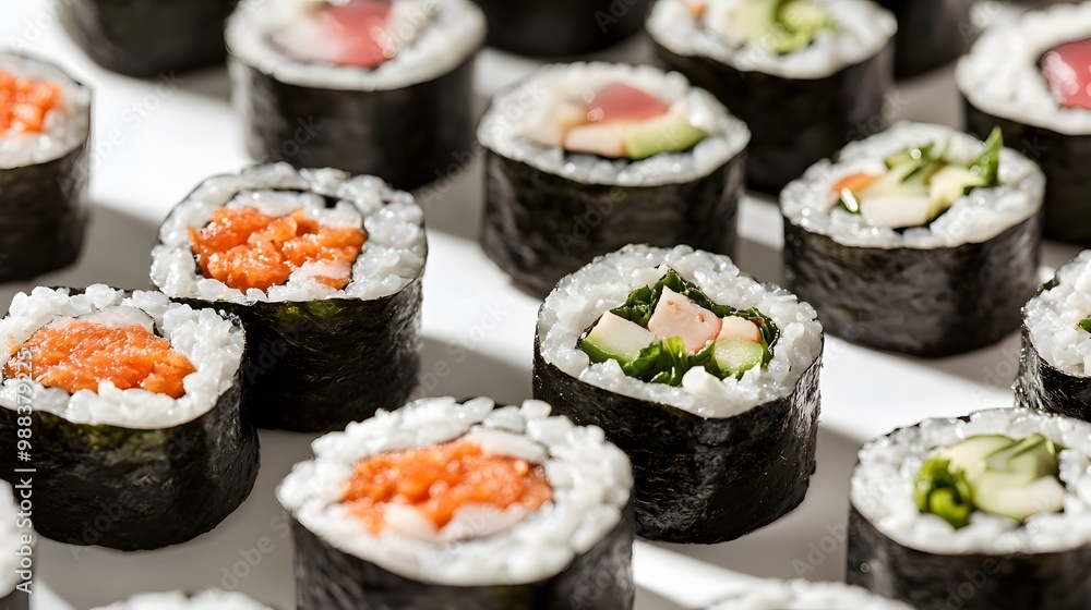 A variety of sushi rolls with seaweed, rice, and vibrant fillings, placed neatly on a white backdrop A variety of sushi rolls with seaweed, rice, and vibrant fillings, placed neatly on a white backdrop
